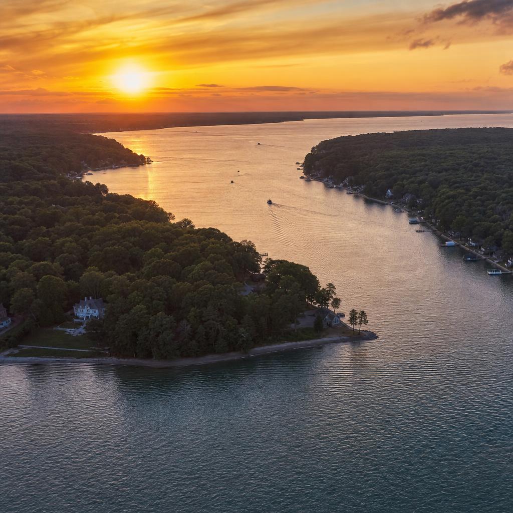 Aerial view of Southwest Michigan lakeshore and waterways