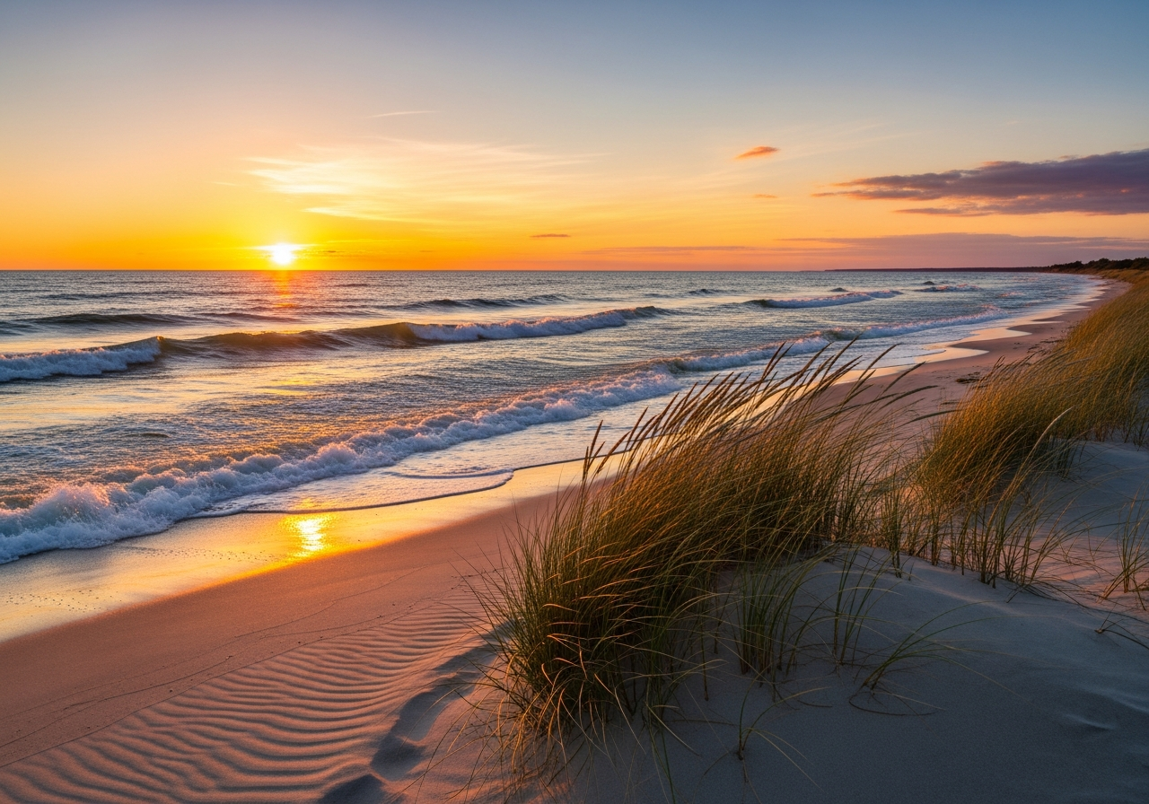 Lake Michigan beach and sunset