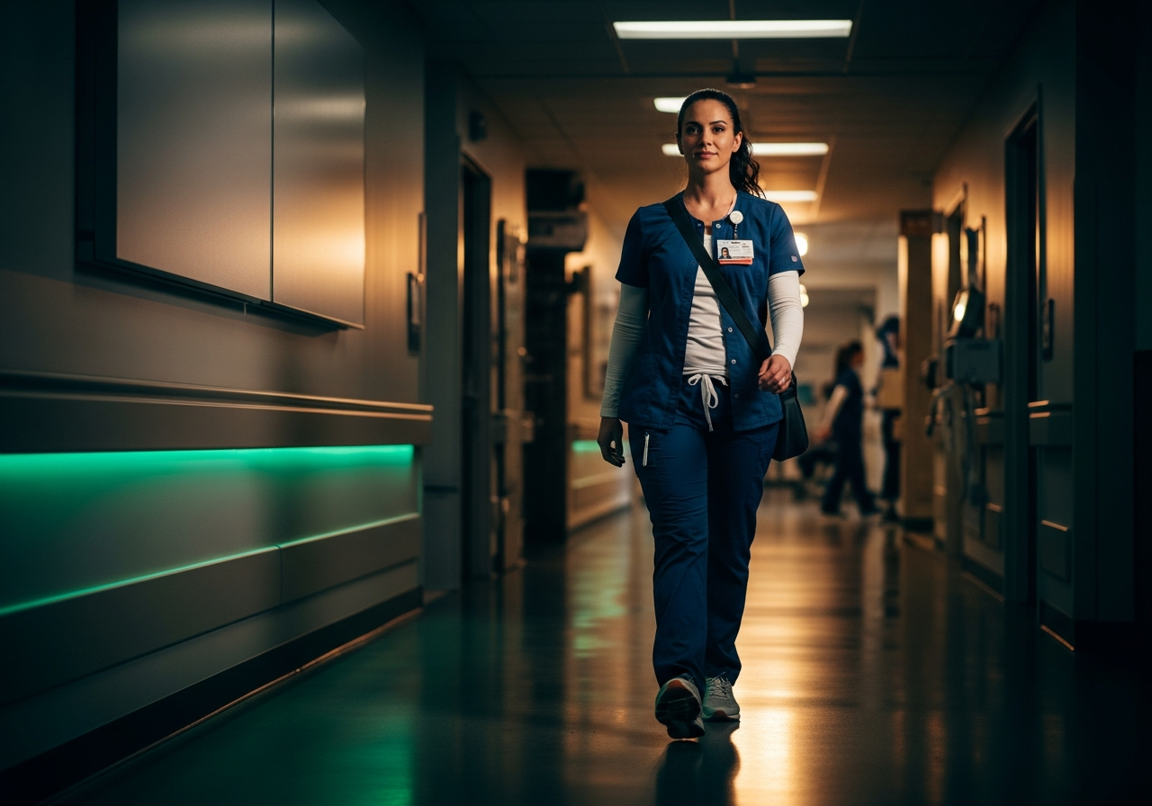 Travel nurse in scrubs outside SWMI Hotels Quiet Wing extended-stay suites